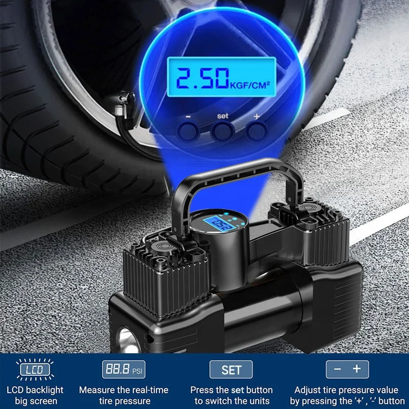 Воздушный компрессор насос подкачки шин Портативный 150PSI Heavy Duty двойной цилиндр с цифровой манометр для