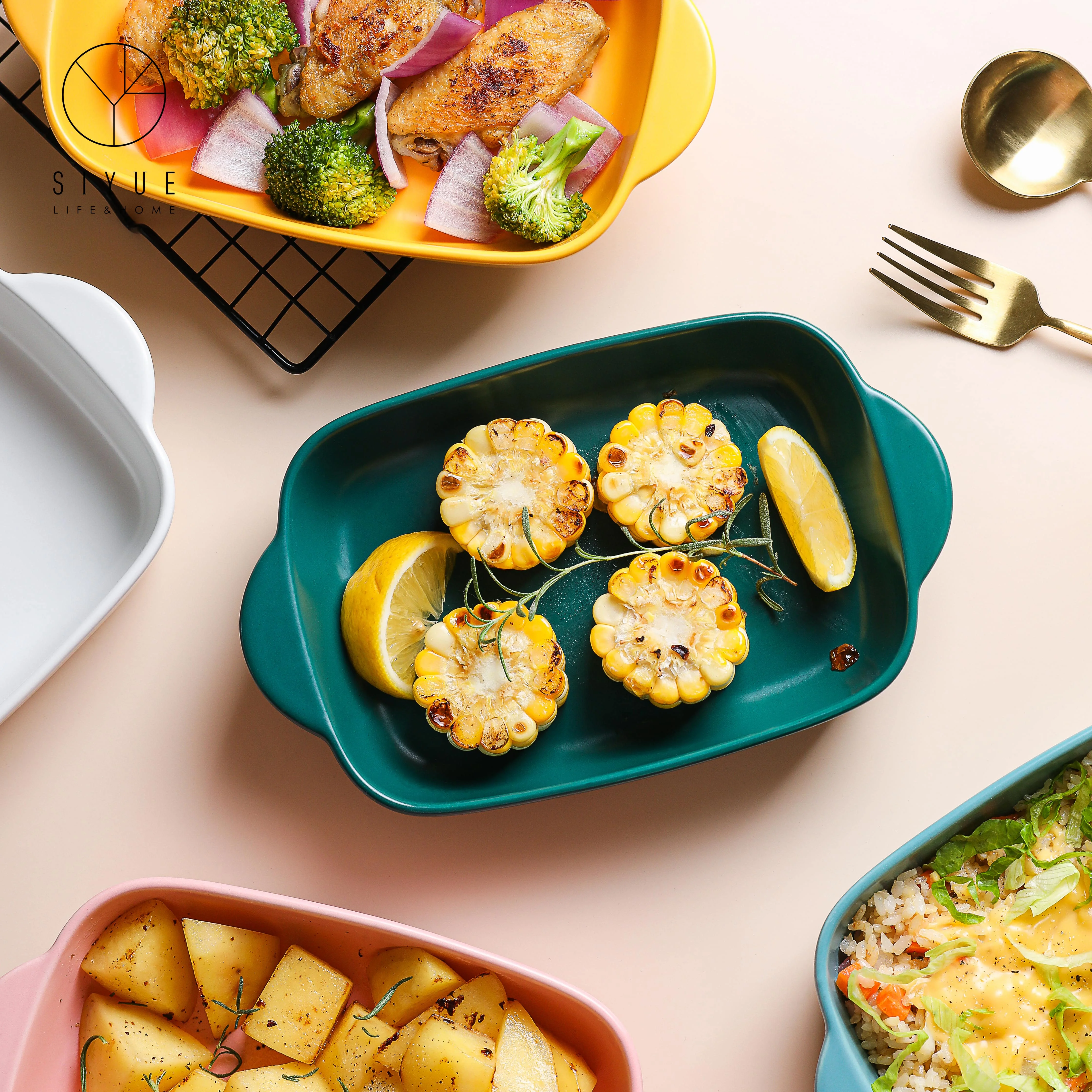 Nordic Handle Oven Porcelain Ceramic Bakeware Baking Plate Dishes & Pans Rectangle With Heat-Resistant For Cake Dinner 1436