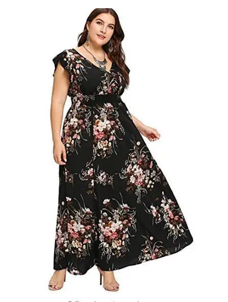 Factory Wholesale Summer New Large Size Chiffon Dress Elastic Waist Short Sleeve Printed Dress