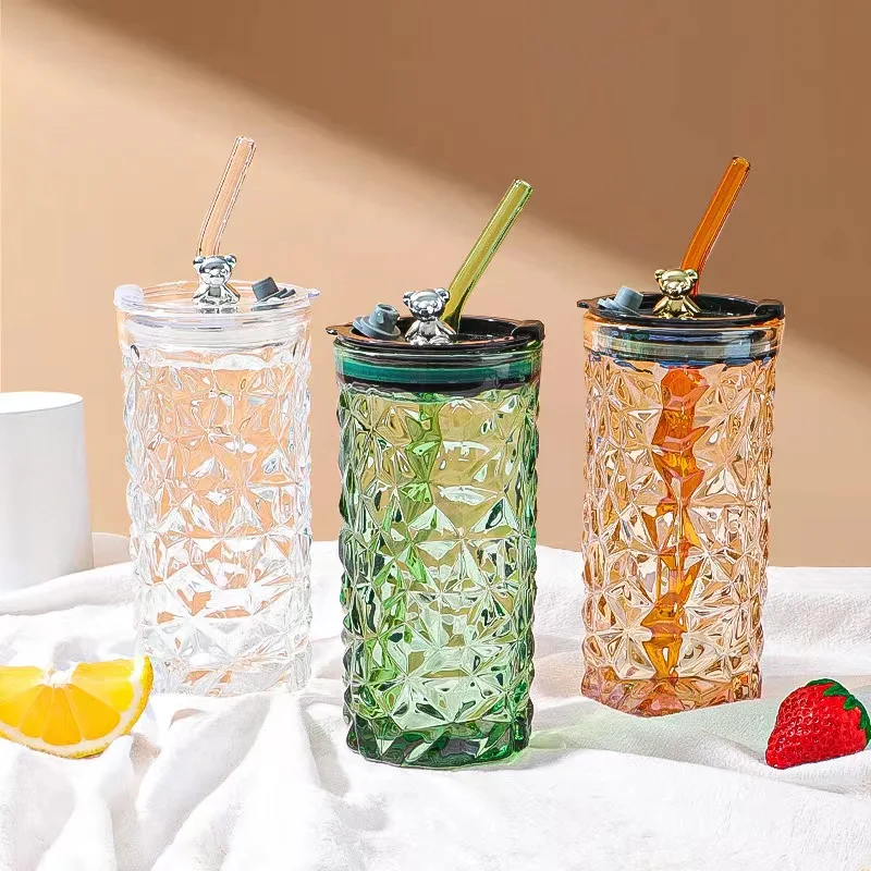 Bear series glasses with straw cups cute office cups milk cups to drink 400ml bottles