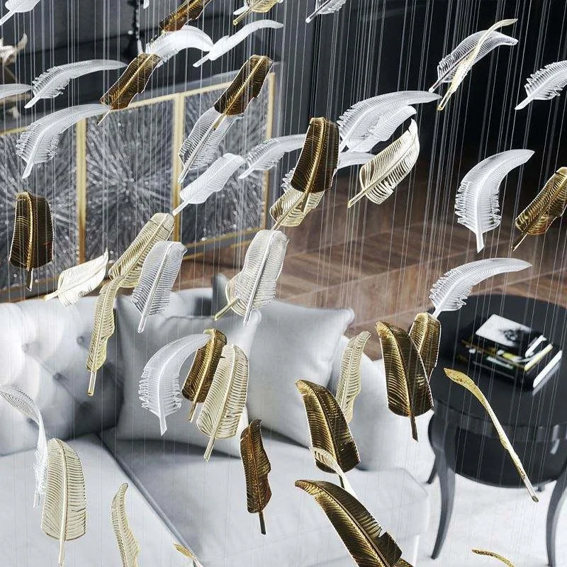Customized Indoor Decoration Hotel Hanging Glass Feather Leaf Pendant Lamp Modern Chandelier
