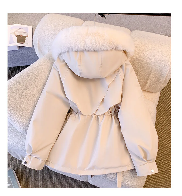 2024 Women Winter Midi Long Coat Drawstring Waist Fur Collar Hooded Zipper Inner Fleece Warm  Outwear Puffer Quilted Padded Coat