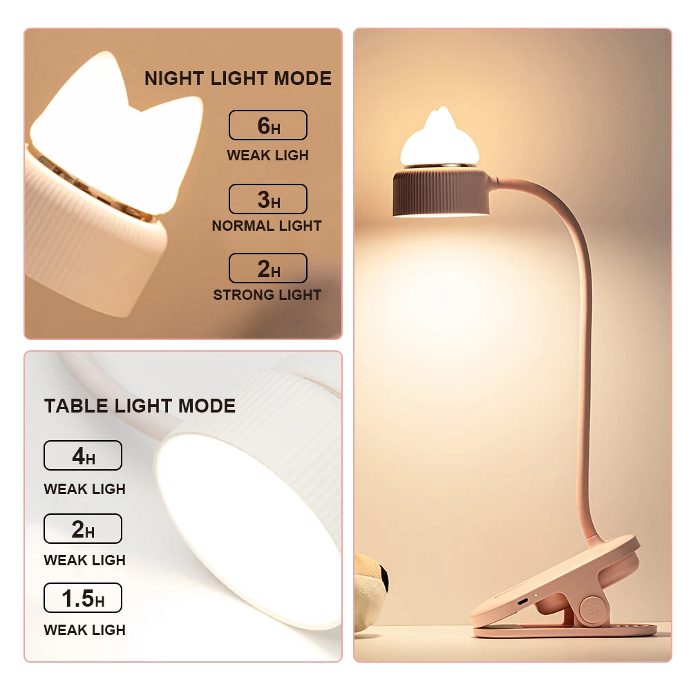 Cute Kids Book Light for Reading in Bed Clamp Light Lamp USB Rechargeable Night Light  for Reading in Bed at Night