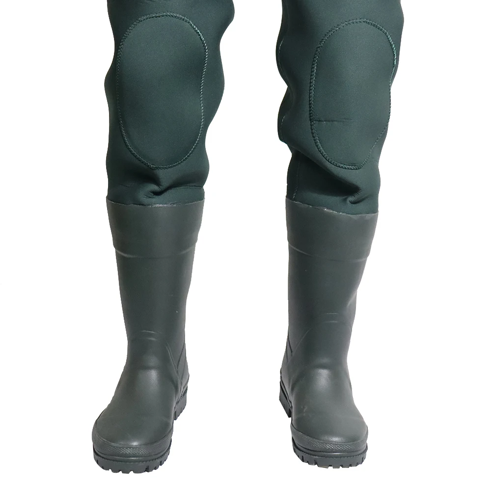Neoprene dark green costom fly fishing wader chest durable hunting suit rubber boots 100% waterproof windproof large pocket
