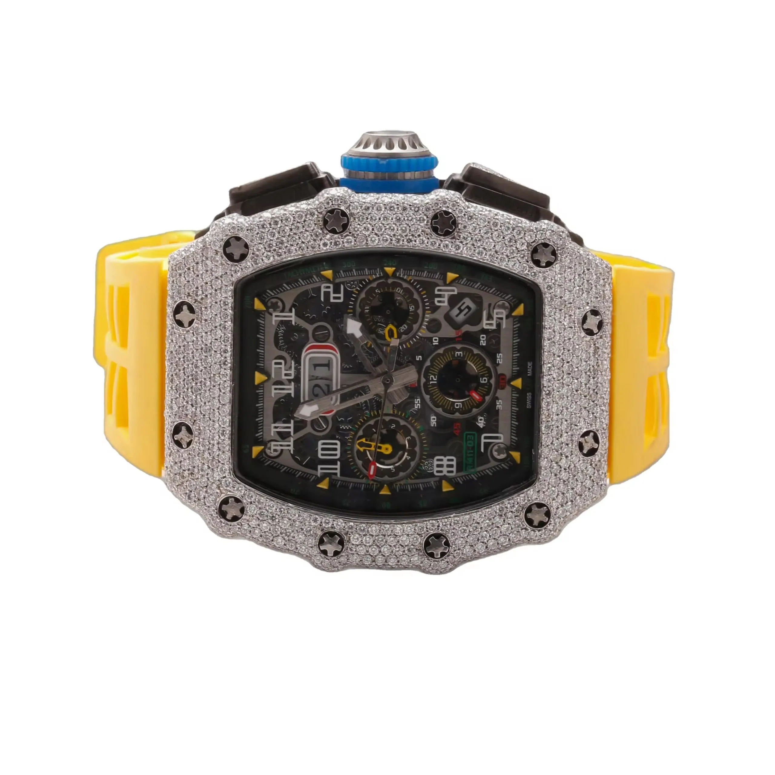 Iced Out Bling Tester Pass Big Dial Mechanical Belt Unisex Bezel Silver VS Chrono Custom Logo With Box Moissanite Diamond Watch