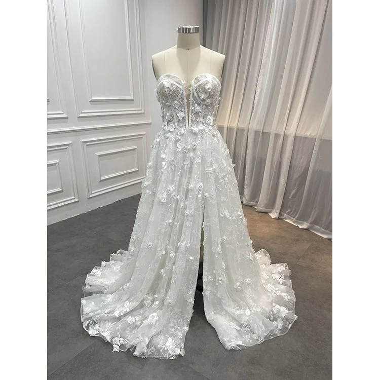 Оптовая продажа новый тренд дизайнерский 3D Цветочный Глубокий V-образный корсет свадебное платье женское кружевное со стразами и съемным рукавом