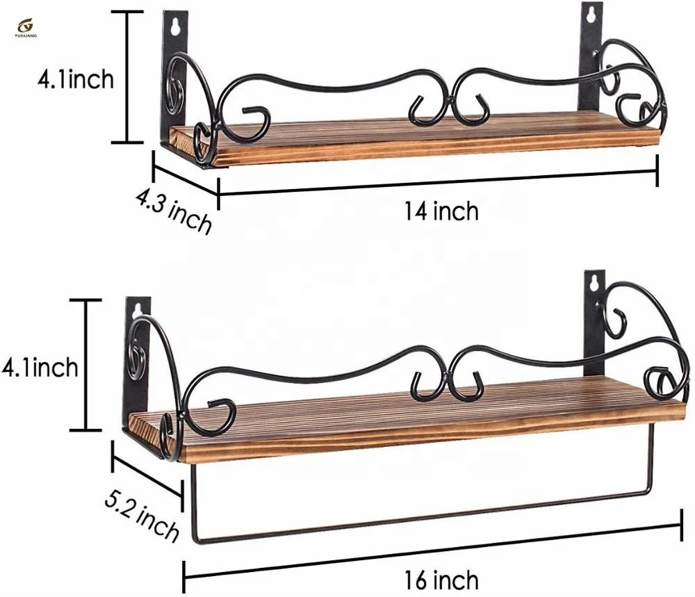 
Set of 2 Rustic Wood Floating Shelves with Removable Towel Bar Perfect for Kitchen Bathroom Floating Shelves Wall Mounted 