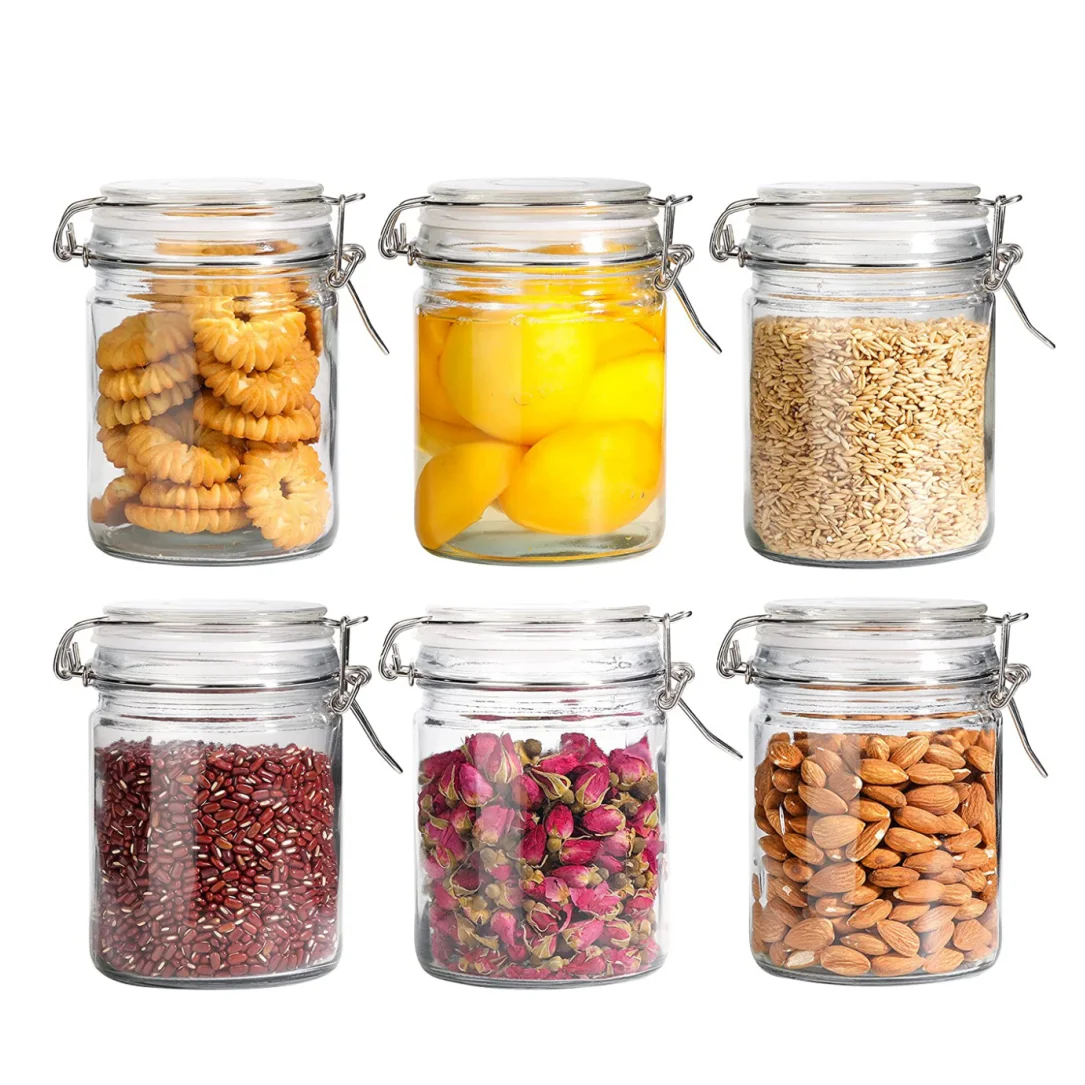 Glass Storage Canister Mason Jar with Bamboo Wood Lid Straw Kitchen Food Storage Clamp Airtight Cookie Glass Storage Canisters