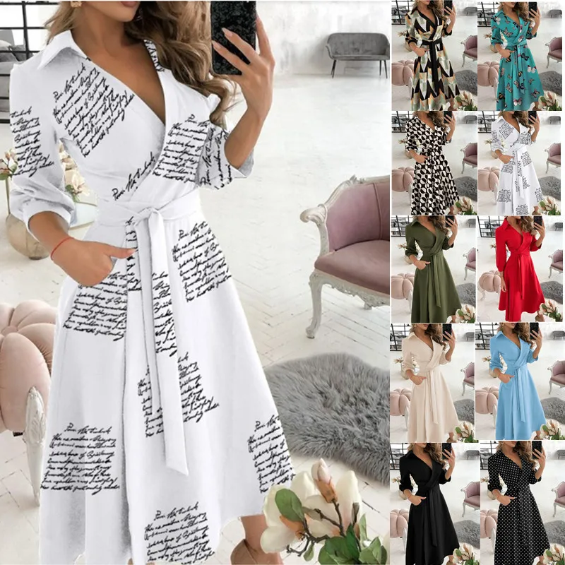 Free shipping elegant ladies dresses long sleeve fashon printed V neck women dresses OC597