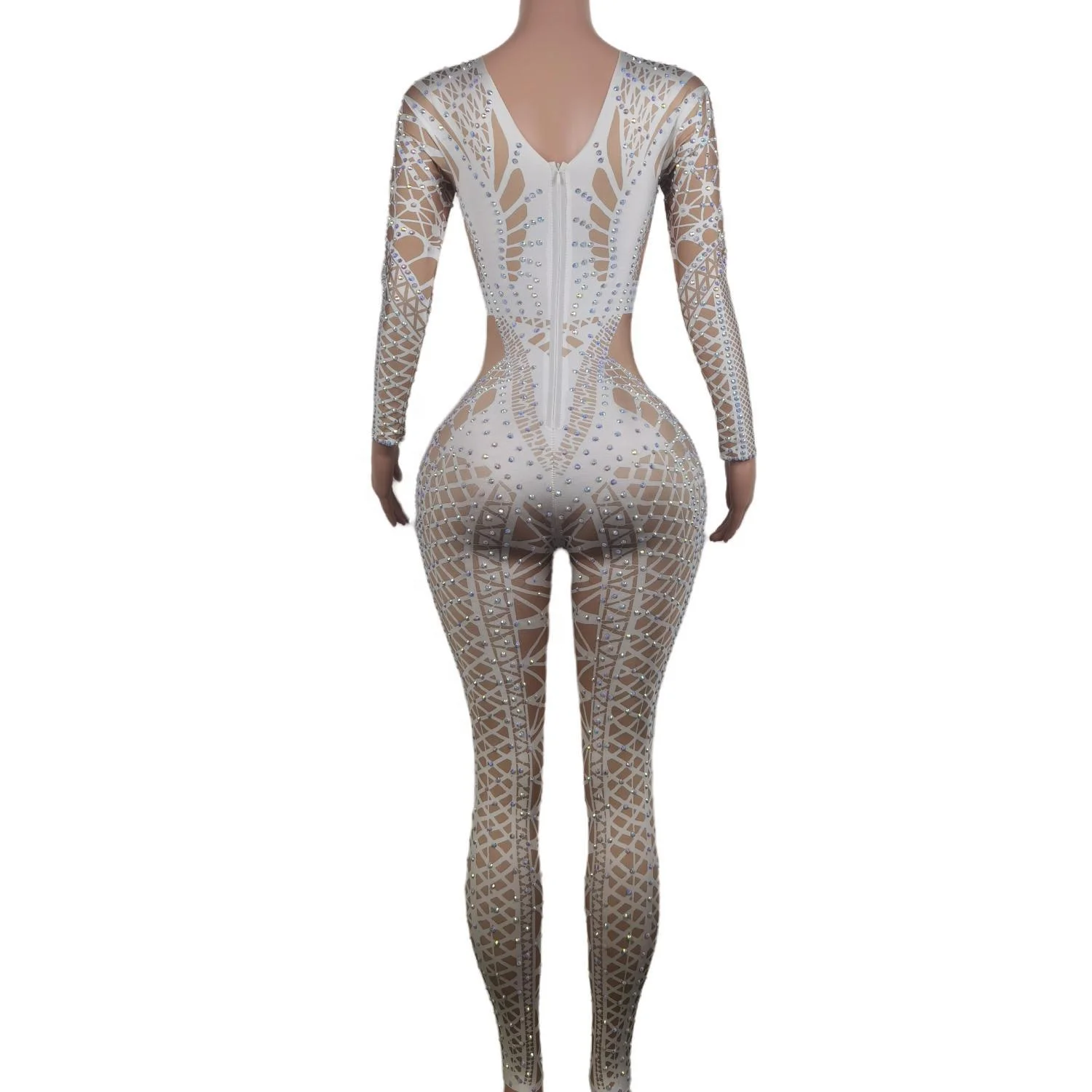 Sexy Long Sleeves Stretch Rompers Club Party Showgirl Pole Dance Leotard Female One Piece Bodysuit Women Rhinestone Jumpsuit