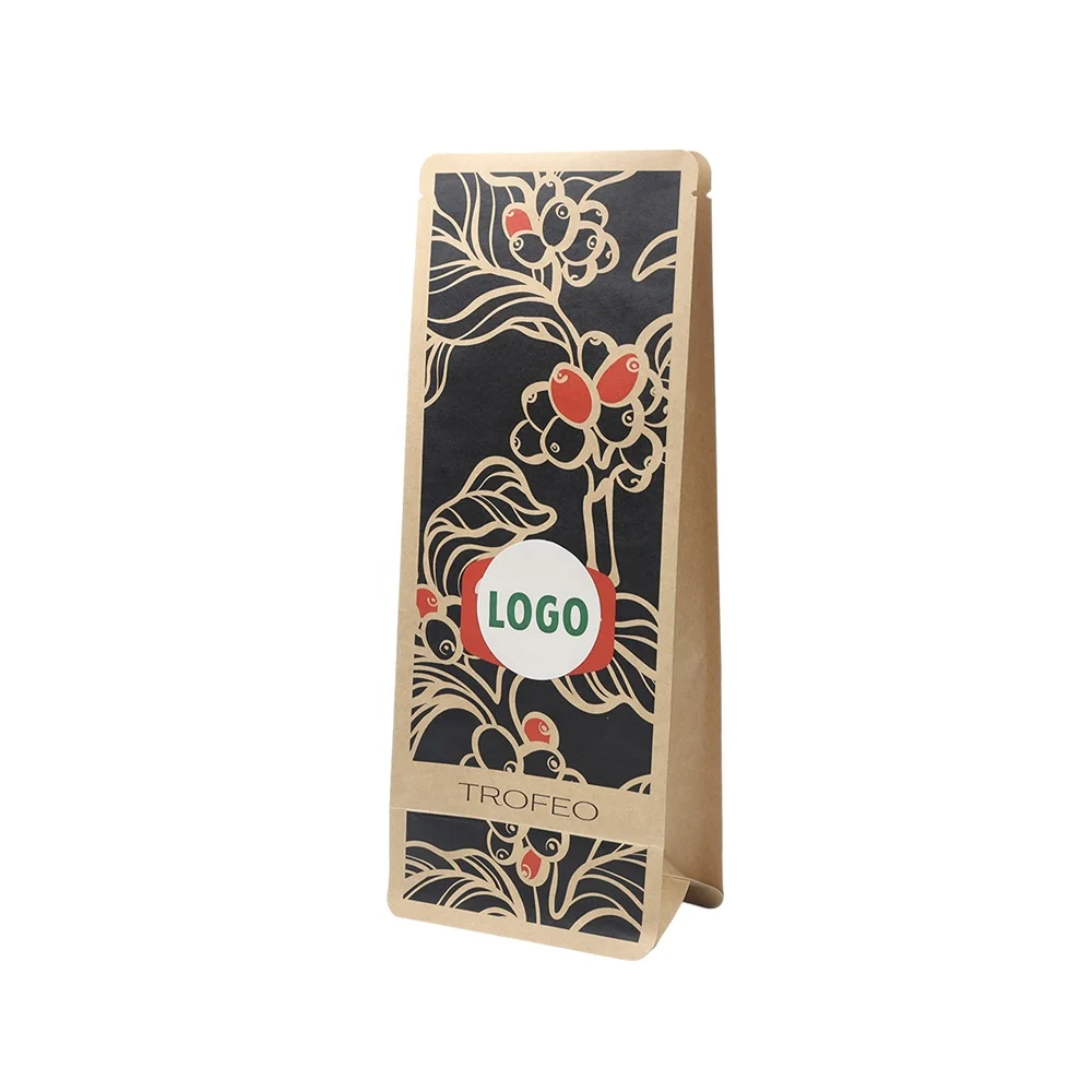 Brown Kraft Food Paper Package Bag Flat Bottom Coffee Kraft Paper Bag For Packaging