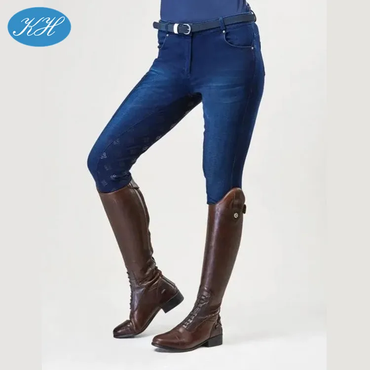 Custom denim horse equipment equestrian riding pants women custom riding breeches with full silicon grip