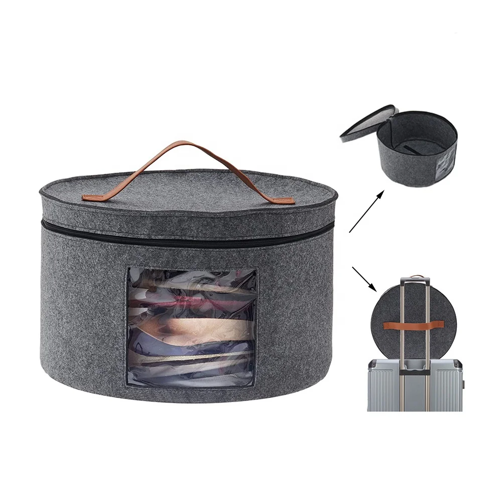 Foldable travel hat box storage organizer both side handle round felt hat storage box for women men