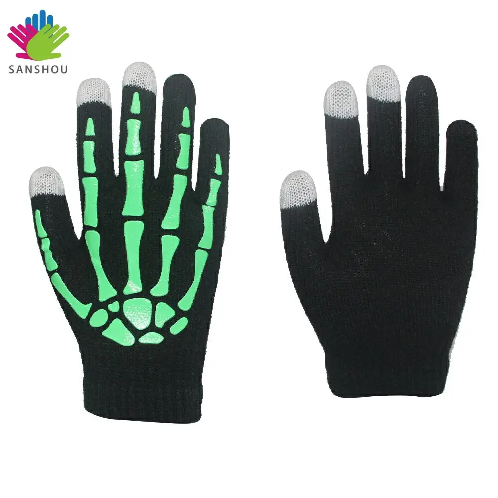 Wholesale Factory Supply  Acrylic Knitted Children Winter Warm Magic Luminous Skull Gloves