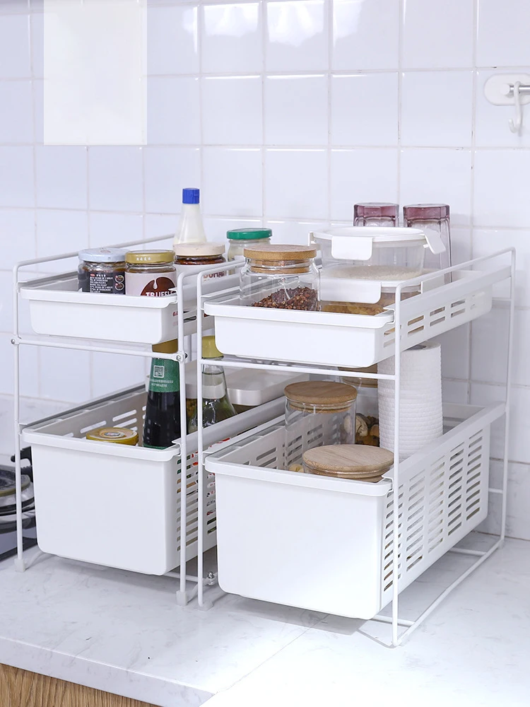 Ins Hot Stainless Steel PP Kitchen Bathroom Double-layer Vegetables Fruits Condiments Spice Pull-out Storage Rack with Drawer