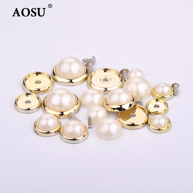 AOSU 6 8 10 12 14mm White Pearls Beads Appliques Claw Rhinestones Spikes Studs Round Rivet For Leather Clothes Shoes
