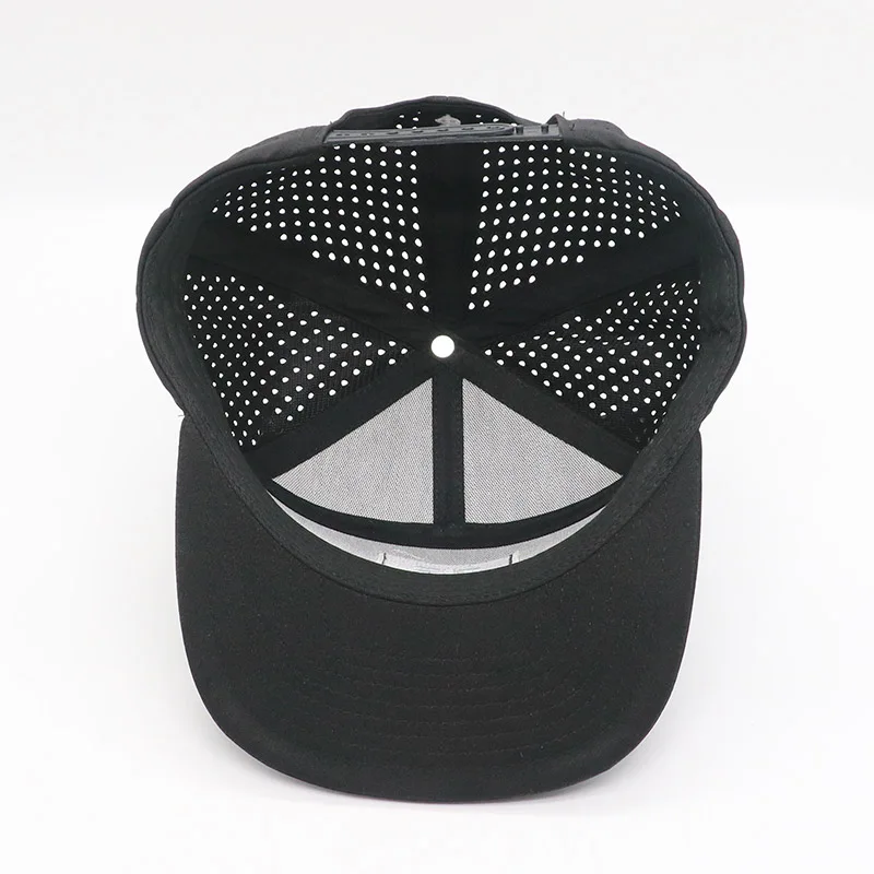 Custom 7 Panel Flat Bill Laser Cut Performance Waterproof black Baseball Cap High Quality Unisex  Hat & rubber logo