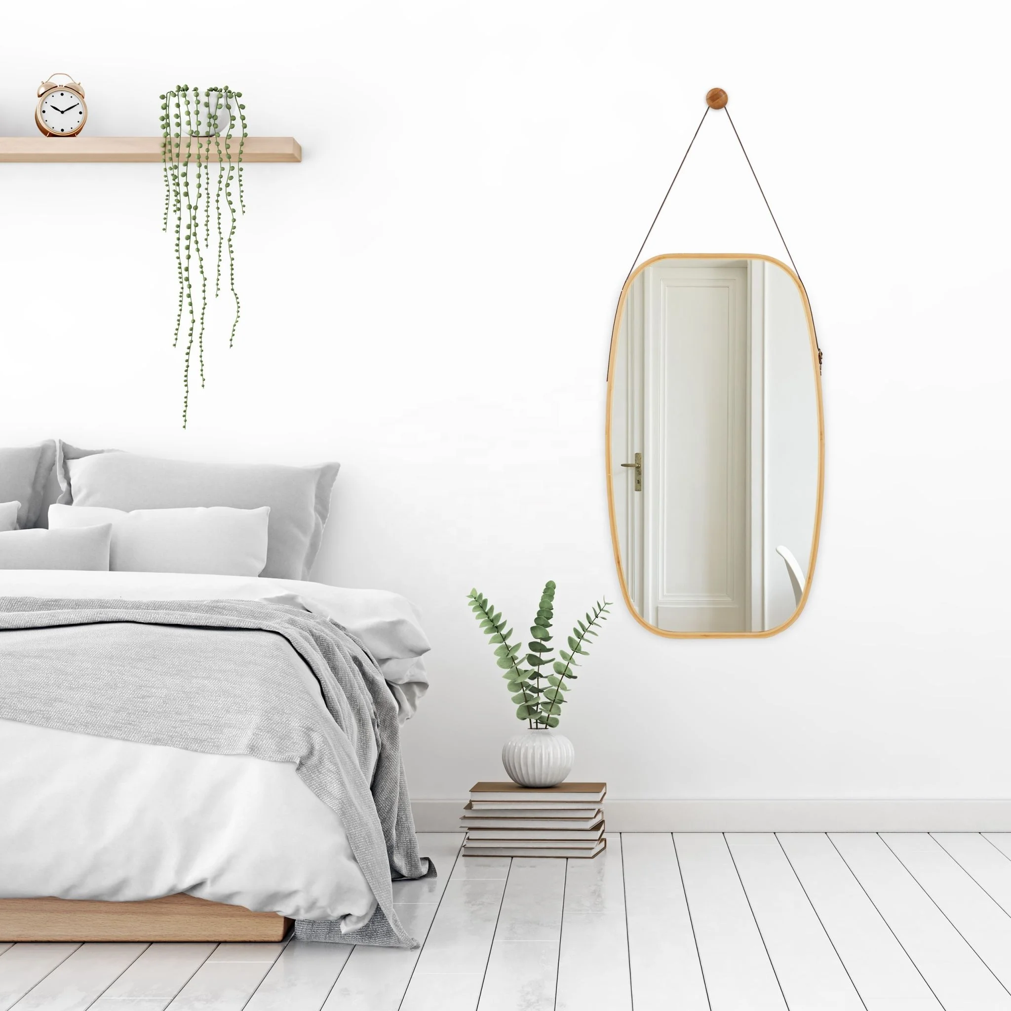 Simple Hanging Wooden Framed Wall Bamboo Vanity Framed Mirror For Hotel Bathroom Wall Art Decor
