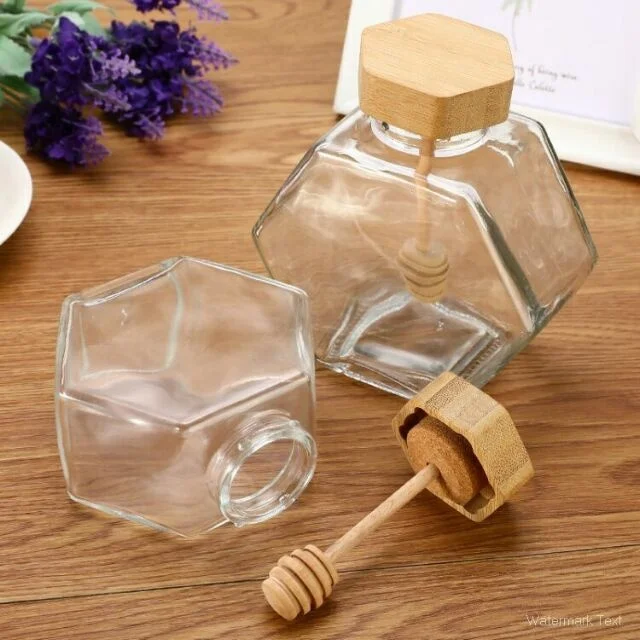 Hot Selling Product Food Grade Unique Empty Clear Hexagonal Glass Honey Jars With Wooden Dipper
