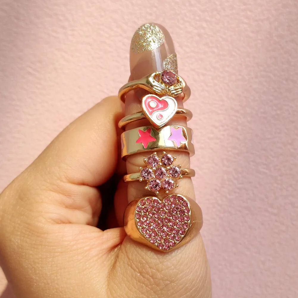 
Buy One Get One Free Chunky Crystal Rhinestone Inset Love Heart Shaped Y2k Flower Rings For Female Party Jewelry 