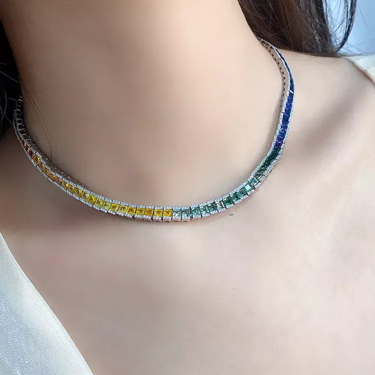 Charm Tennis Necklace Rainbow Necklaces 925 Sterling Silver Link Chain Fine Jewelry for Christmas Gift Idea Affordable Price