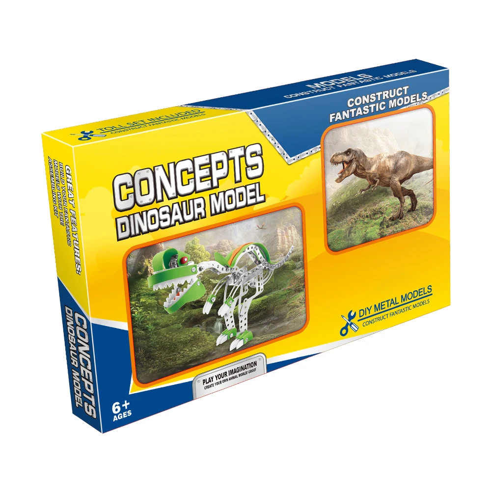 Kids educational building block stem diy metal 3d puzzle dinosaur concept model toy