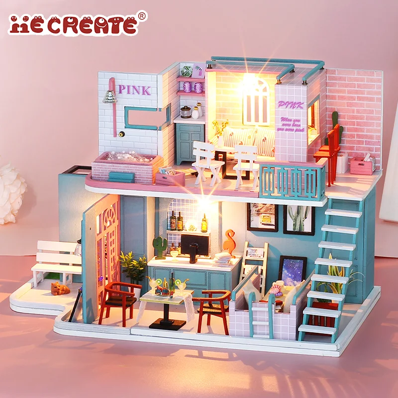 IIECREATE 3D Wooden Pizzle For Adult -034 Pink Cafe DIY Handmade Wooden Miniature House WIth LED Light