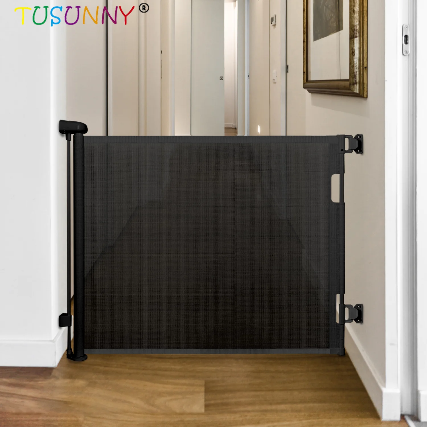 Retractable Baby Gate, Extra Wide Safety Kids or Pets Gate, 34 Tall, Extends to 55 Wide, Mesh Safety Dog Gate