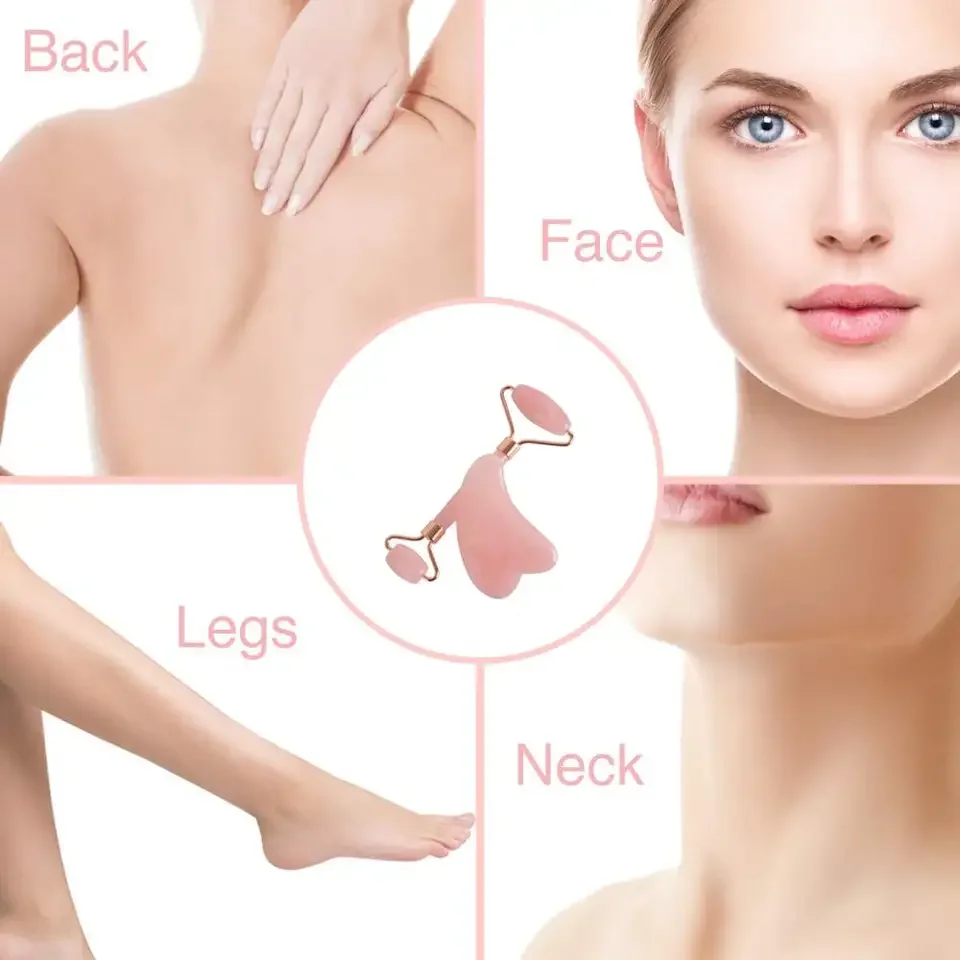 OEM Label Rose Quartz Jade Roller And GuaSha Set Wholesale Anti-aging Jade Roller Kit Natural Jade Guasha Stone Massage Set