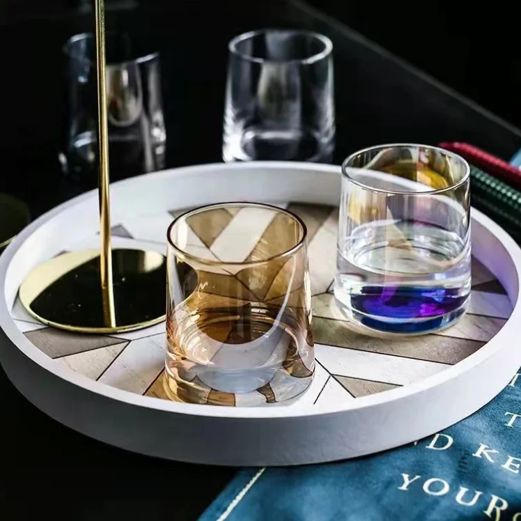 Custom Logo 4 Colors Clear Iridescent Amber Gray Slanted Glass Jars Luxury 6oz 8oz Glass Cups for Juice Water Whisky