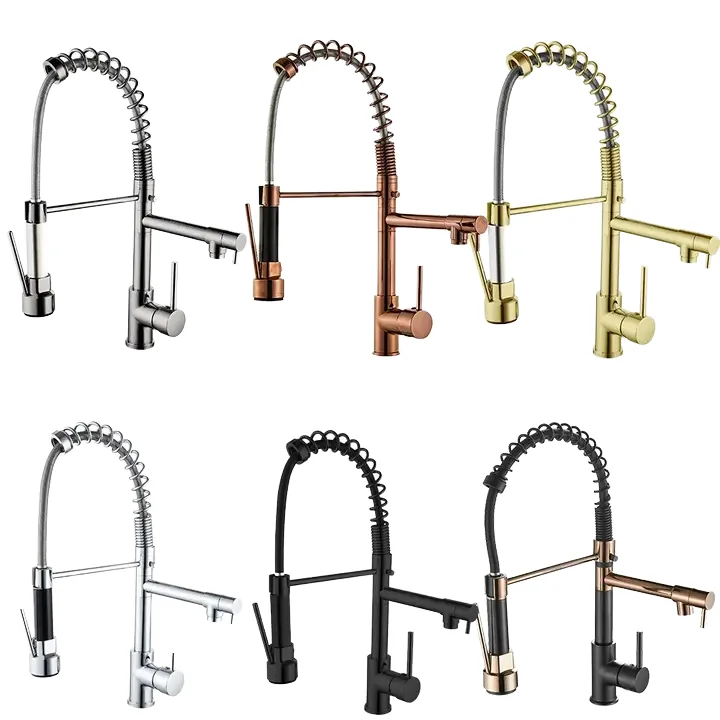 Modern pull-down chrome plated spring kitchen sink faucet for multifunctional faucets in kitchens and bathrooms