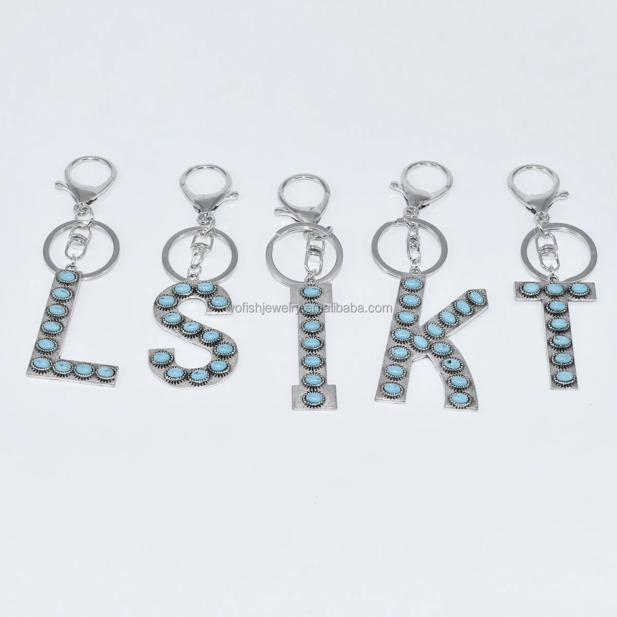 Navajo Style Western antique silver vintage chunky turquoise initial keychain