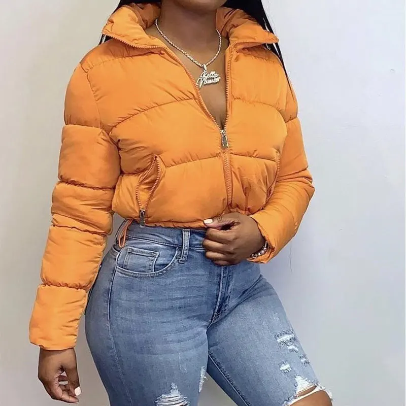  Winter Women Long Sleeve Mandarin Collar Pockets Puffer Bubble Crop Short Down