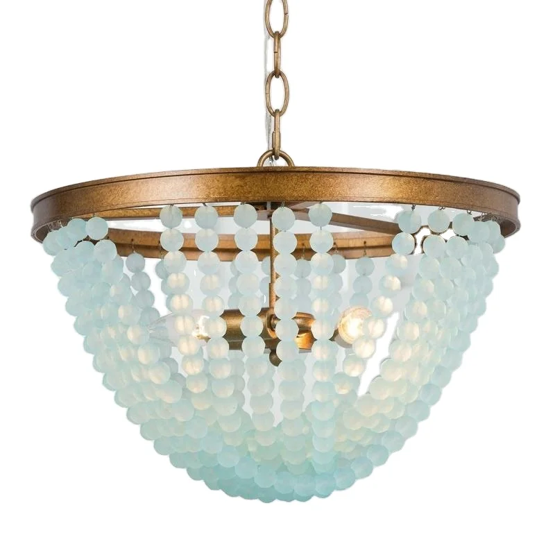 French Blue Crystal Bead Chandelier Pendant Retro White Bohemian  Beachy Ceiling Light