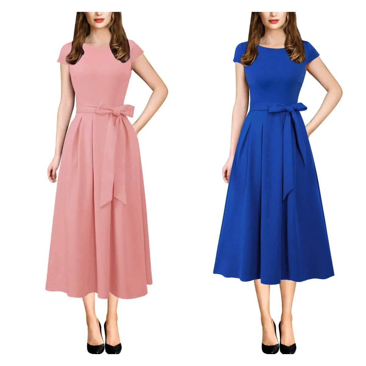 Cyalaa YM23 Womens Work Office Career  Wear Business Dress Elegant Patchwork Pockets Print Work Casual A-Line Midi Dress