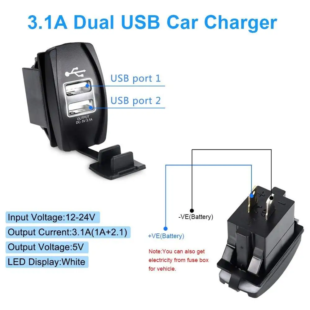 Rocker Switch Style Dual USB Car Charger 3.1A Socket With Led Backlight
