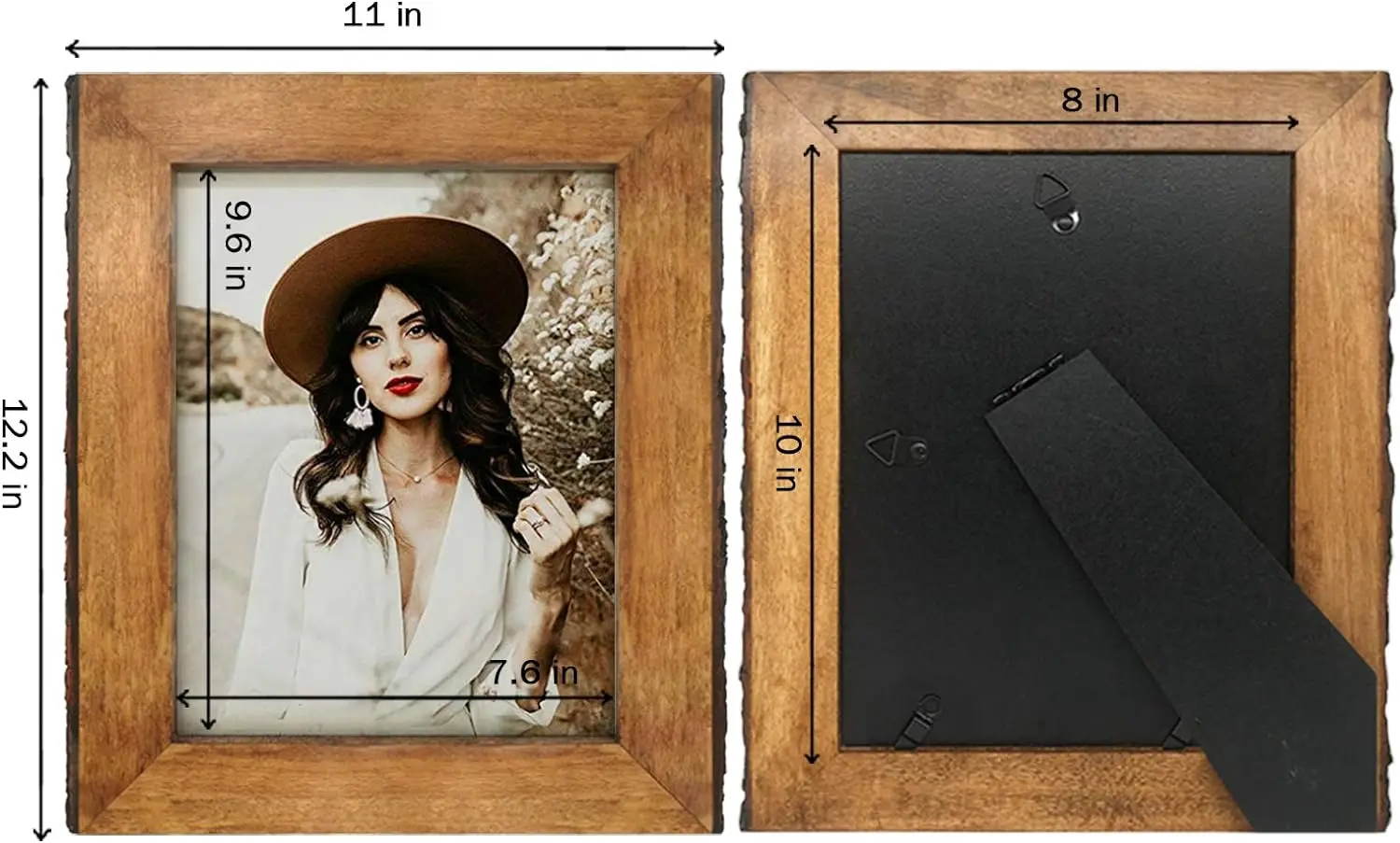 8x10 Picture Frames with Bark Edges, Rustic Wood Photo Frame for Tabletop or Wall Display, Natural Brown.