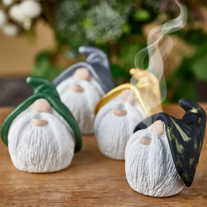 Custom material hand painted reflux decorative dwarf figurine incense holder small gnome backflow cone incense burner with tray