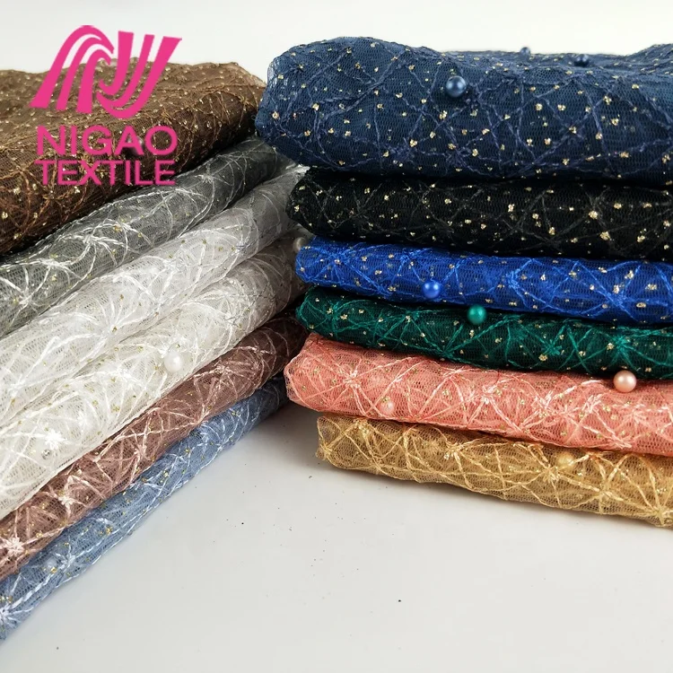 Custom pattern 3D beaded embroidered fabric glitter tulle mesh fabric lace fabric  for evening dress