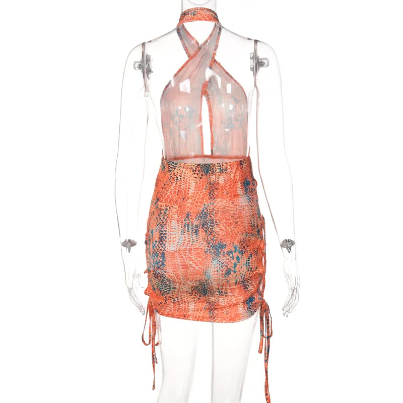 Latest Summer Fashion Beach Sexy Hollow Out Snake Print Backless Sleeveless Cross Halter Night Club Mini Dress