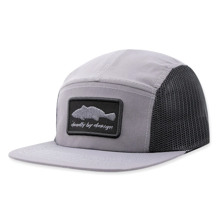 hengxing factory new design men outdoor hiking breathable custom embroidered patch mesh five panel hat with own design