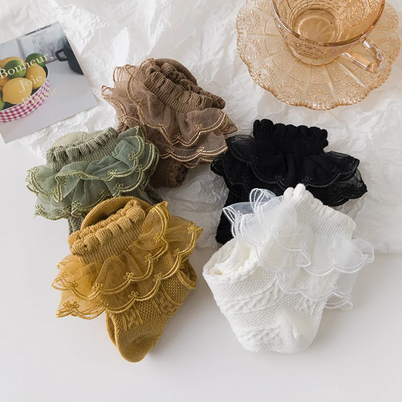 Q30901  2 Layer Princess Socking Baby Girls Double Layer Lace Frilly  Bowknot Ruffle trim Socks  Teen girls Socks