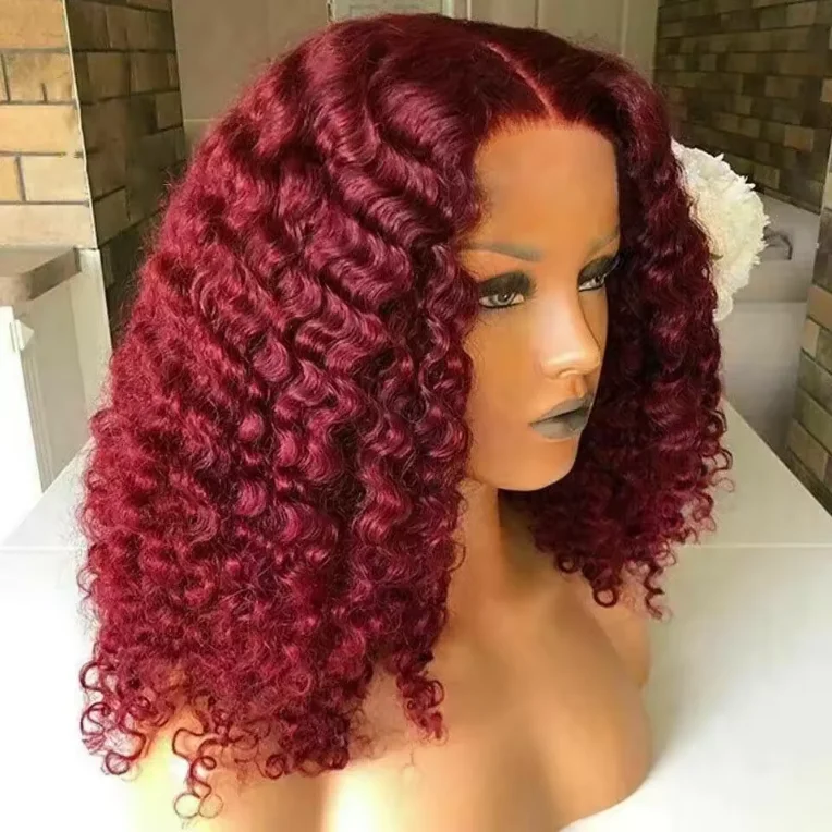 99J Short Bob Lace Front Human Hair Wig Red Burgundy Colored Jerry Curly Lace Frontal Wig Raw Brazilian Virgin Human Hair wigs