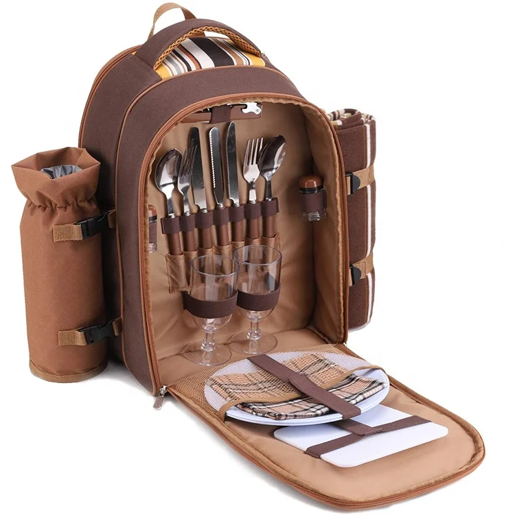 2 4 Persons Picnic Backpack Bag with Cooler Compartment Detachable Bottle Holder