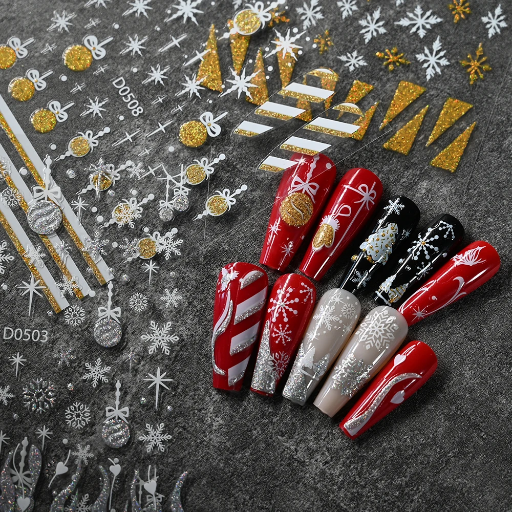 3D Christmas Nail Stickers 10*8cm Snowflake Flowers Pattern Nail Art Decals Laser Silver Gold Xmas Winter Sliders Nail Decals