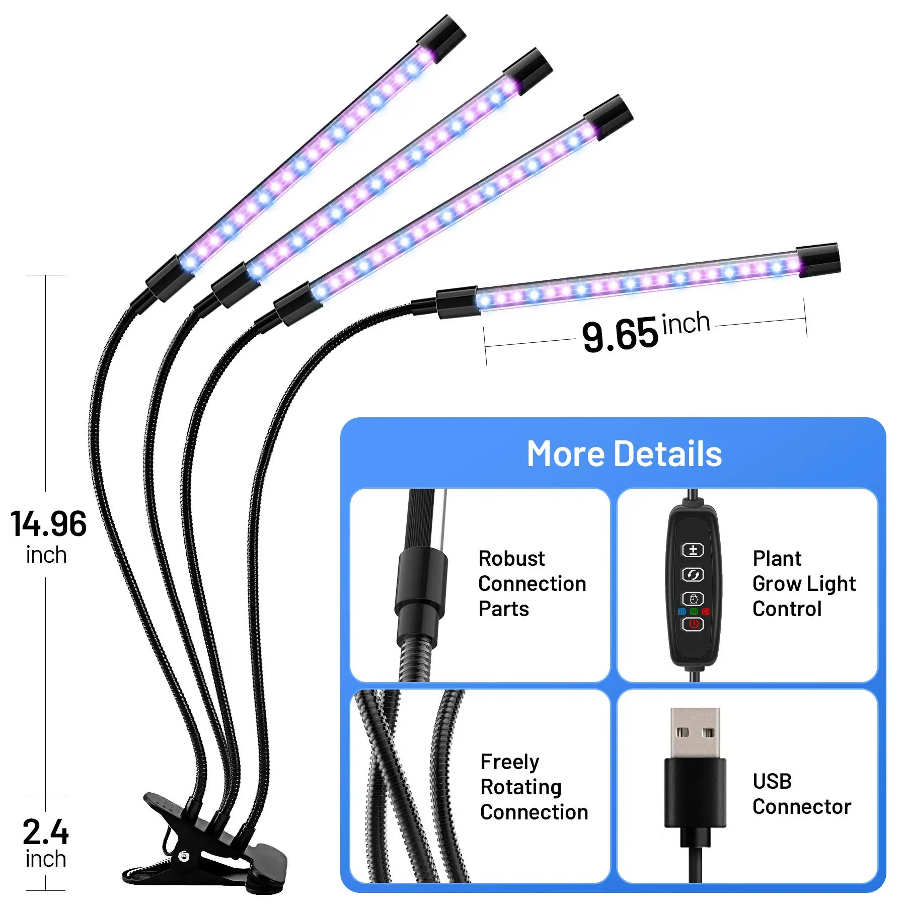 2022 New ip44 Four Head Remote Control Plant Lamp Timer Function 3H9H 12H Flexible Clip Lamp Indoor Full Spectrum LED Grow Light