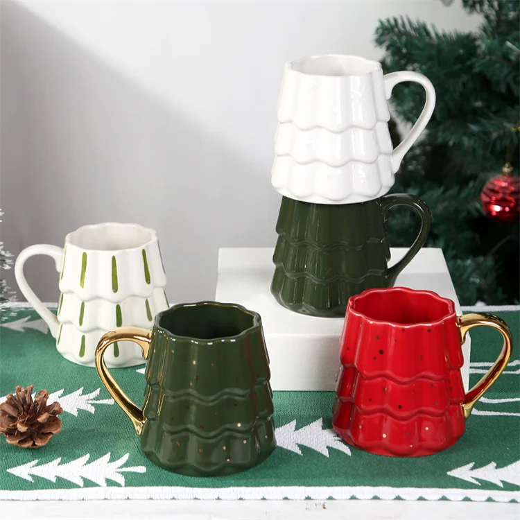 Christmas tree shape color glaze embossed luxury drinkware ceramic mug custom coffee mug with gold handle