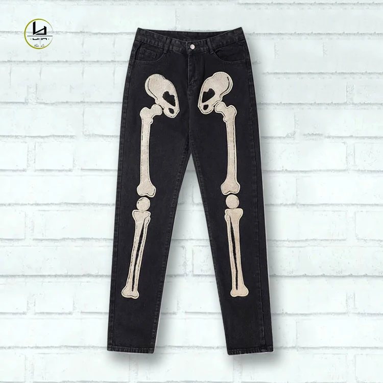 Factory direct sales OEM high street hip hop style skeleton design denim pants custom brand jeans for men