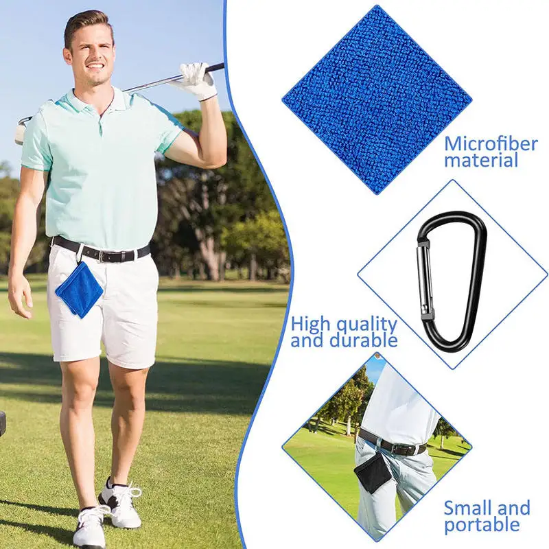 Golf Cart Wipe Cleaner Microfiber Water Absorption Clean Golf Club Head Square Golf Balls Cleaning Towel with Carabiner Hook