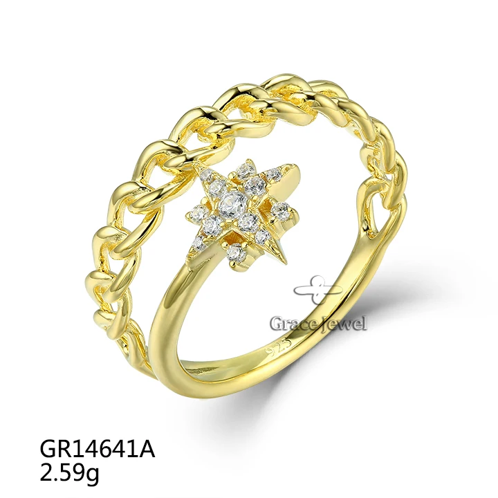 Grace 925 Sterling Silver Custom Gold Ring North Star CZ Zircon Inlay Link Chain Style Rhodium Plating for Wedding and Party
